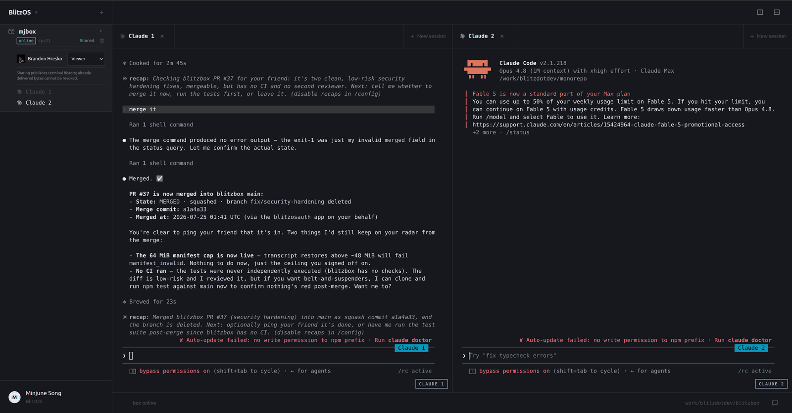 BlitzOS cockpit: two Claude Code sessions running in a shared workspace